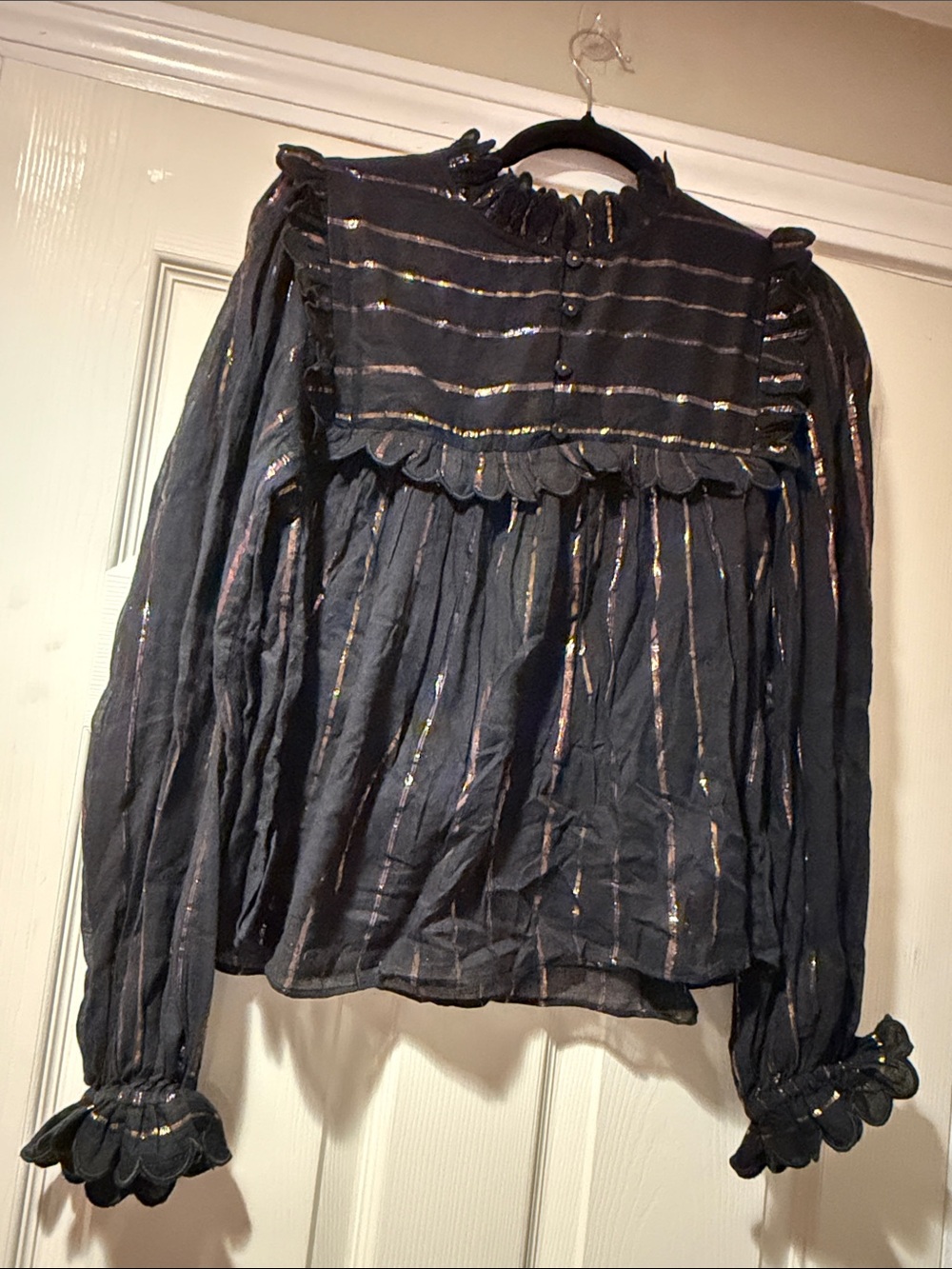 FARM Rio Black Blouse with Metallic Gold Stripes